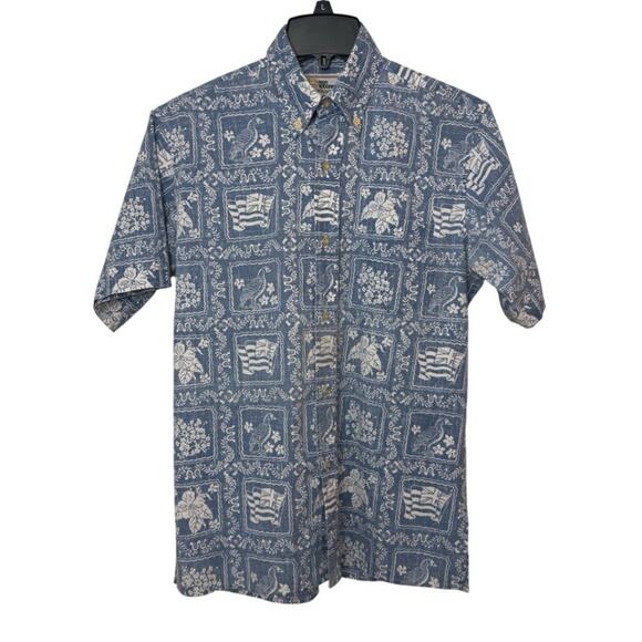 Reyn Spooner Hawaiian Shirt Mens S Blue White Floral Bird Aloha Made in USA - Picture 1 of 9
